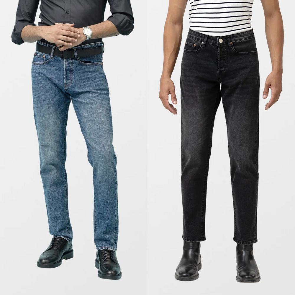 ARTHUR SLIM IN MID BLUE & LIAM SLIM IN CHARCOAL