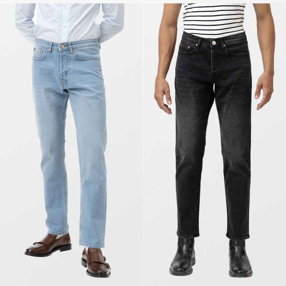 JAKE SLIM IN LIGHT BLUE & LIAM SLIM IN CHARCOAL